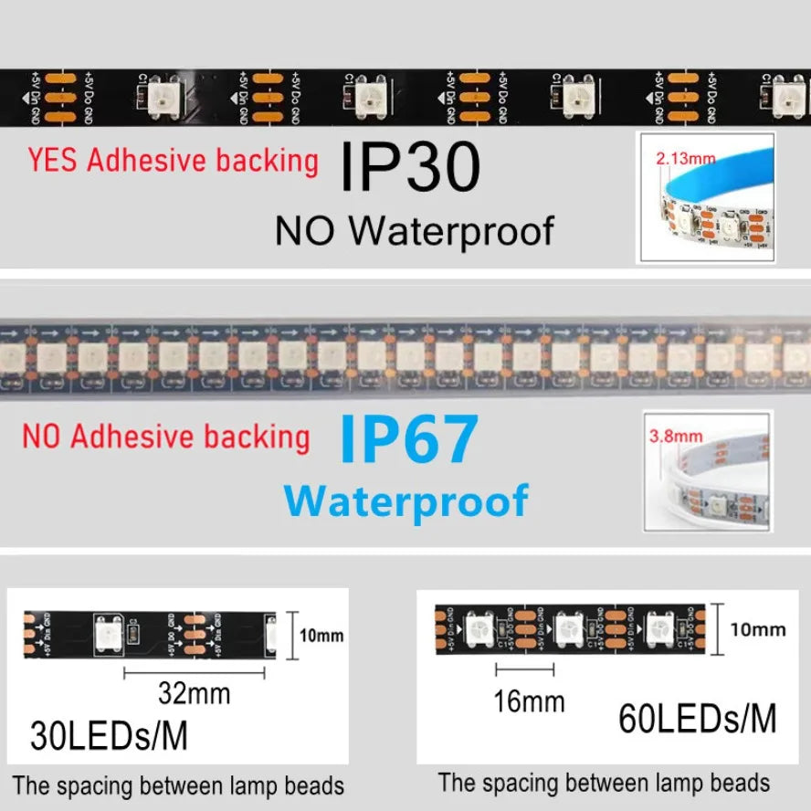 5V RGB Colored Light RGBIC 5M WS2812B 5050 Smart Waterproof LED Strip Individually Addressable IC 30/60/144Pixels/Leds/m Light