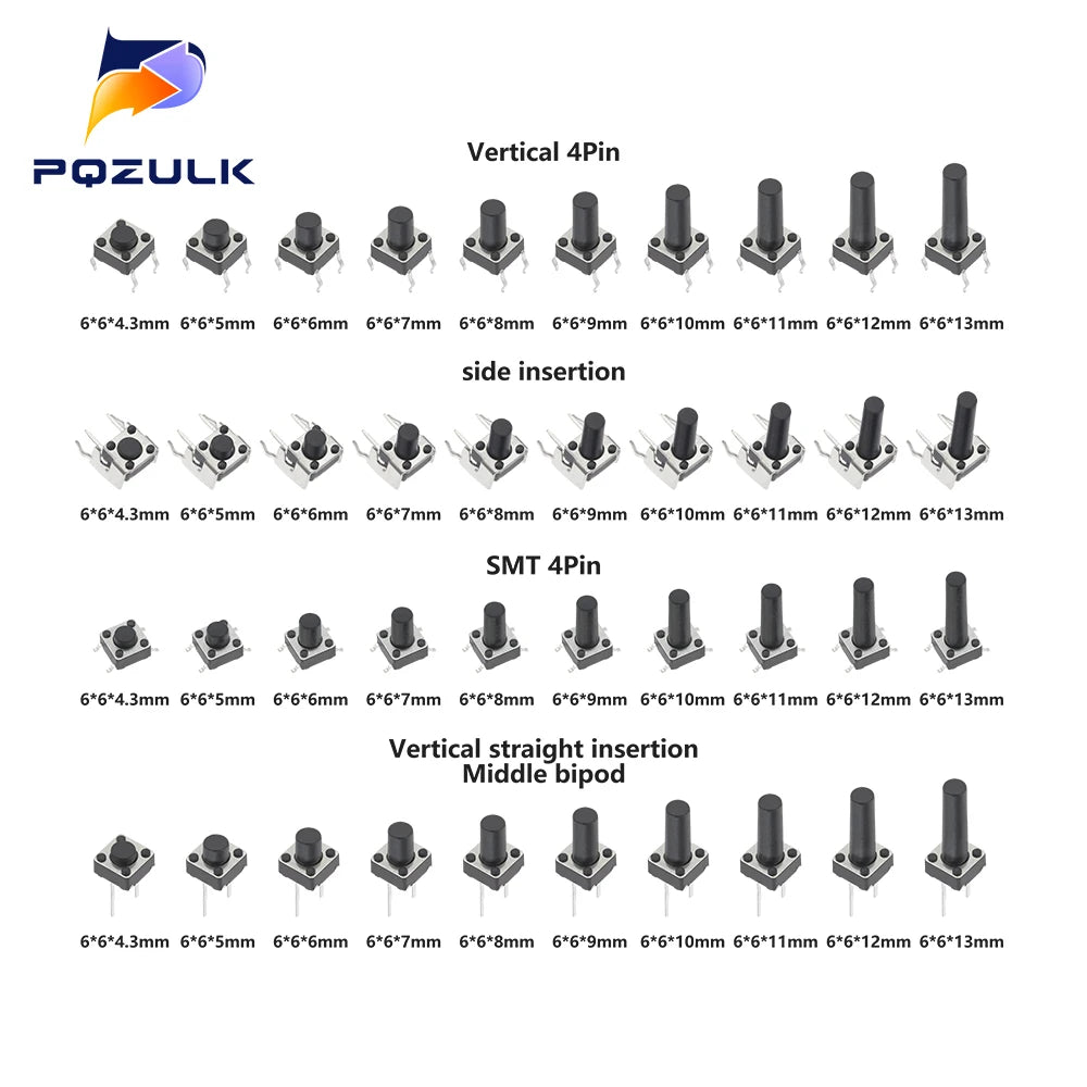 6*6 Tact Tactile Push Button Switch 4.3-13mm SMD DIP 2P/4Pin Micro Switch 6x6 Keys Tact ON/OFF 10 Models for Arduino