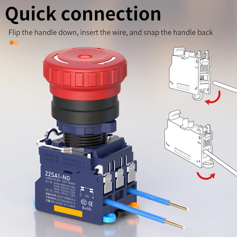 LANBOO 22MM SA1 Series Quick Plug with LED25A High Current Plastic Mushroom Button Emergency Stop Switch 1NO1NC 2NC