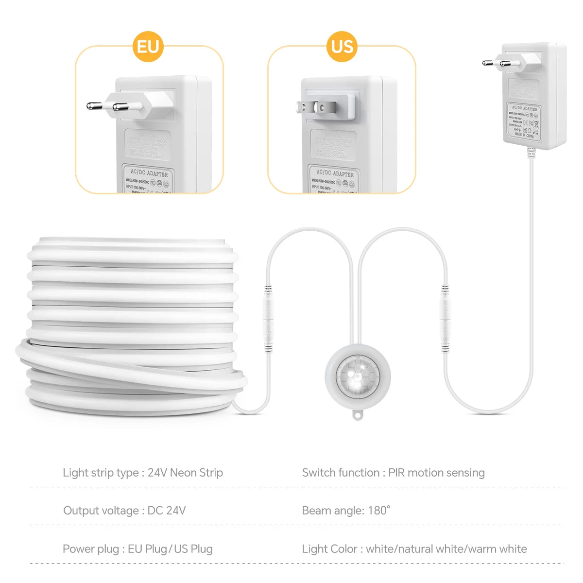 2m 5m 10m Smart PIR Motion Sensor Switch 24V COB LED Strip Light Neon Silicone Gel Tape Auto ON/OFF For Stair,Wardrobe Decor