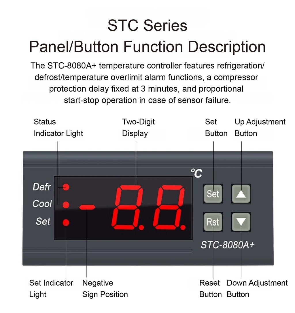 STC-8080A+ Digital Temperature Controller Thermostat Switch for Freezer Refrigerator Cold Storage Cooling Defrost Display