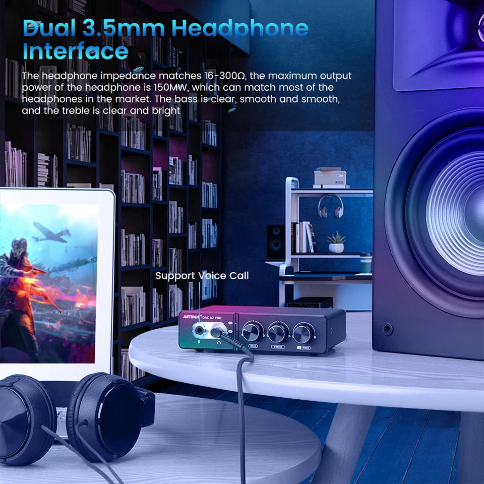 AIYIMA Audio DAC-A2 PRO USB Gaming DAC Headphone Amplifier Hub USB Mini Decoder for PS5 Desktop Gaming Headset Active Speakers