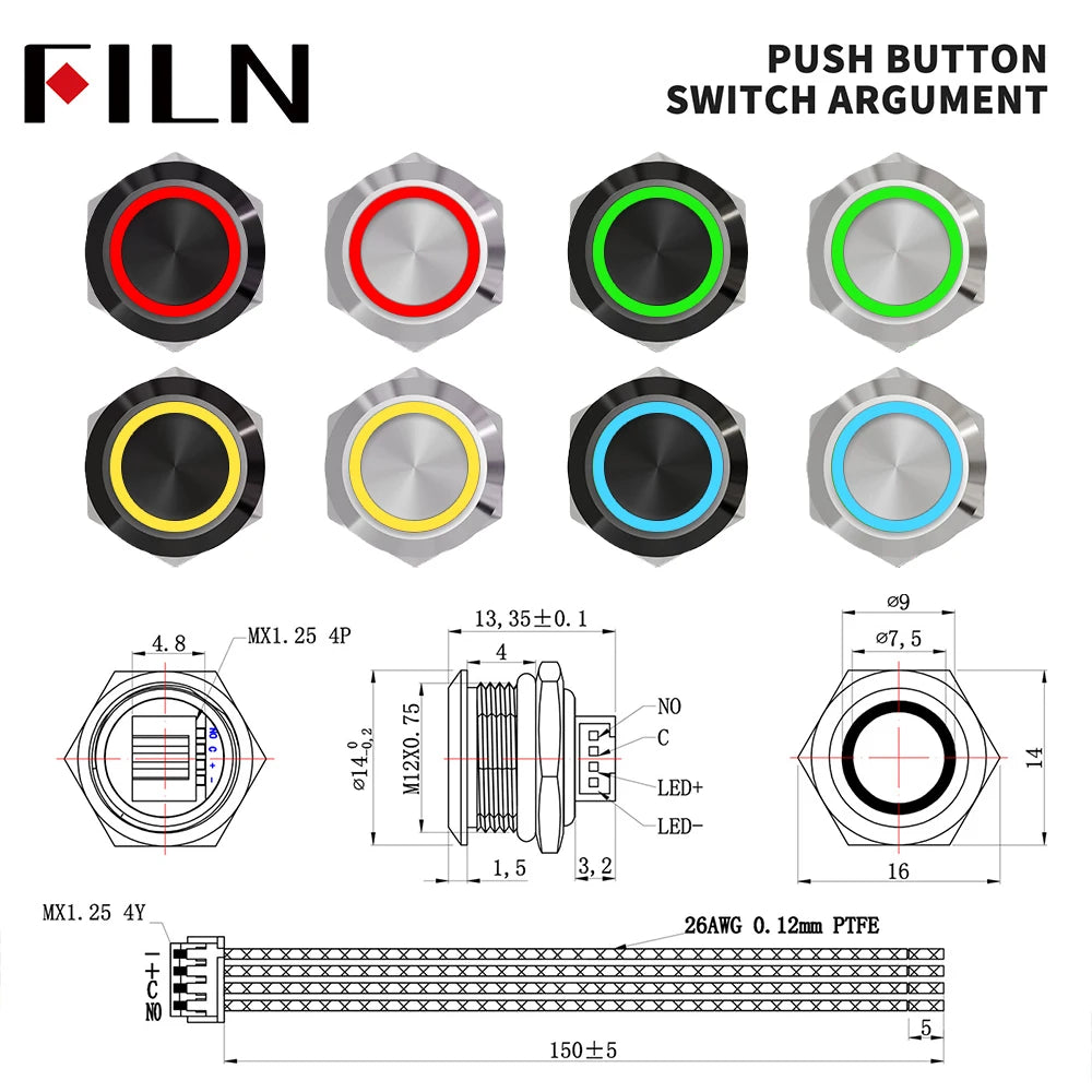 12mm Mini Metal LED Push Button Switch IP67 Waterproof Momentary 5-12-24V Short Stroke Push Button with Quick Connect Terminals