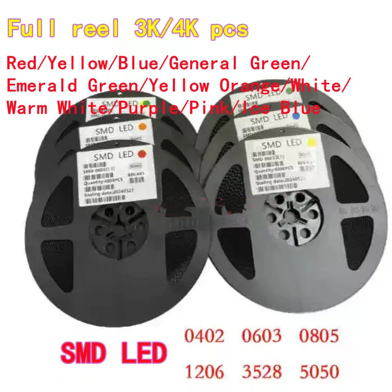 1 full reel(3K/4Kpcs) High Brightness SMD LED Chips 0402/0603/0805/1206 Red/Yellow/Blue/Green / White, Light Emitting Diode