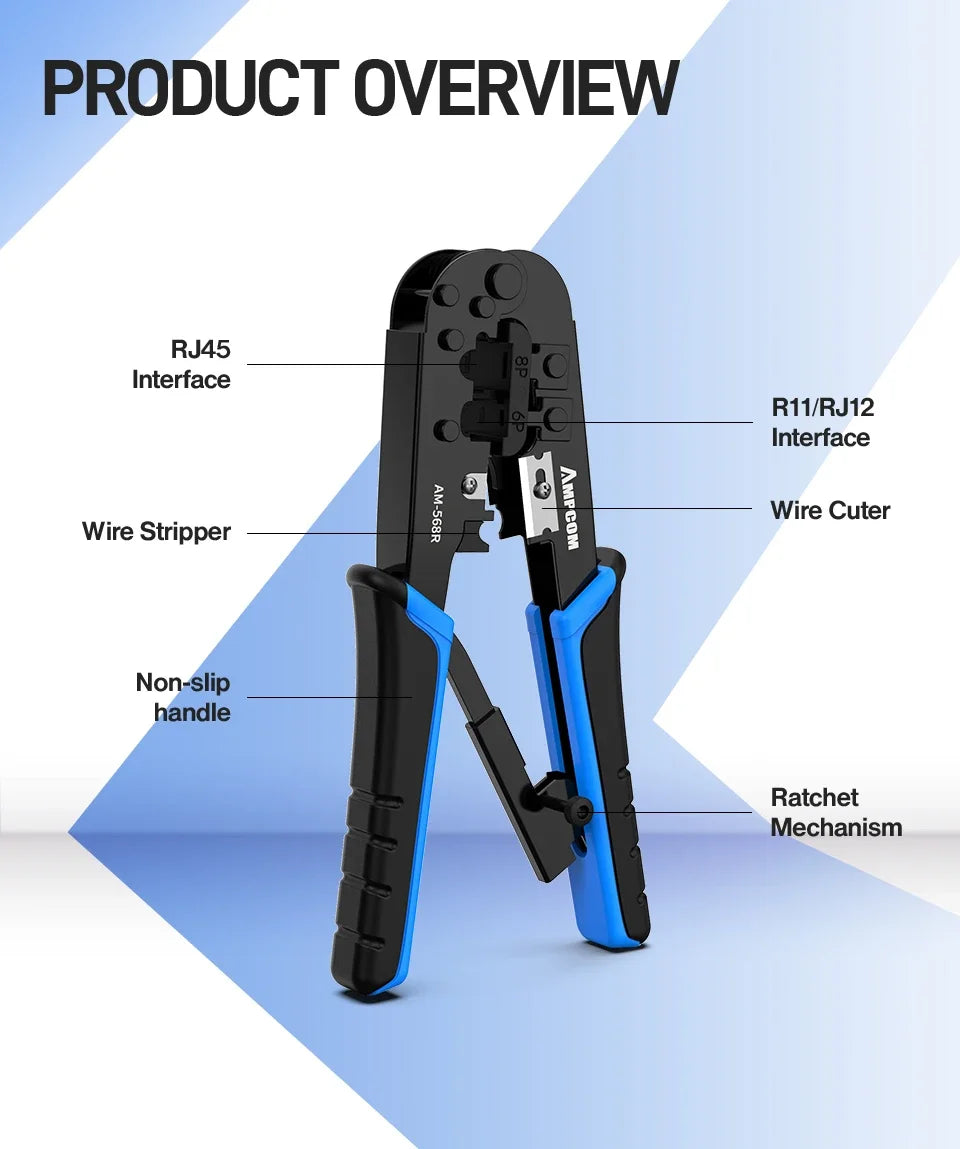 AMPCOM rj45 crimper RJ11 RJ45 Crimping Tool Ethernet Network LAN Cable Crimper Cutter Stripper Plier for 6P 8P RJ-11/RJ-12 RJ-45