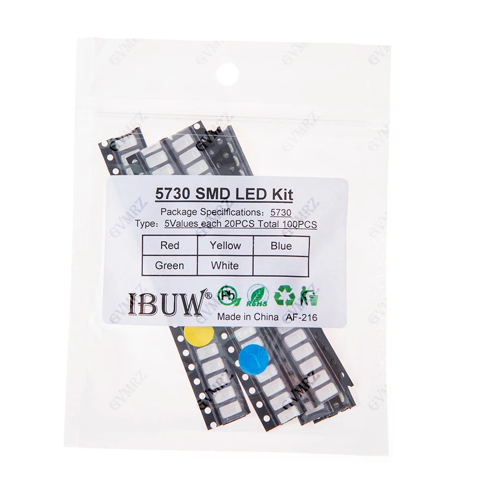 100pcs Green Blue White 5colors Each 20pcs 5730 5050 3528 1210 1206 0805 0603 0402 SMD LED Diode Kit Red  Yellow