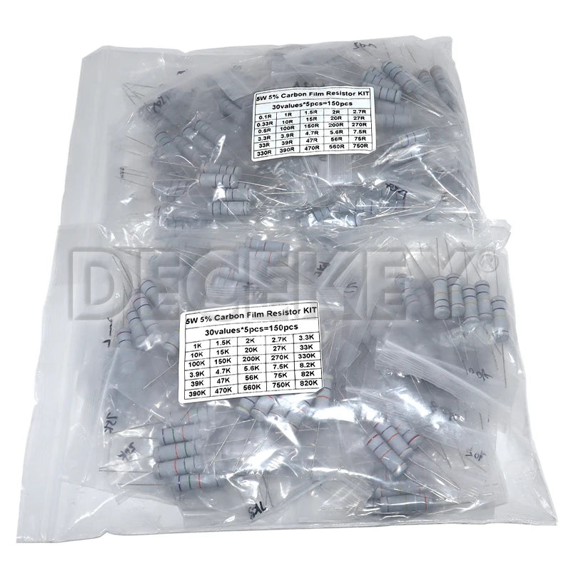 Resistor Kit 1W 2W 3W 5W 5% 30Kinds X 10PCS Carbon Film Resistance 0.1-750 ohm Set 1k-820K 30Kinds X 5PCS