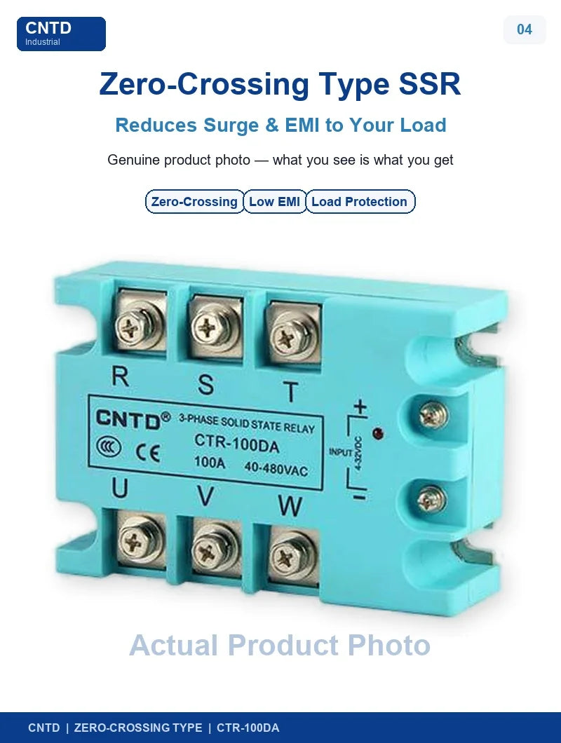CNTD CTR-100DA 3 Phase Solid State Relay 100A 40-480V AC DC Control SSR Zero Crossing Industrial Relay for Heater Motor