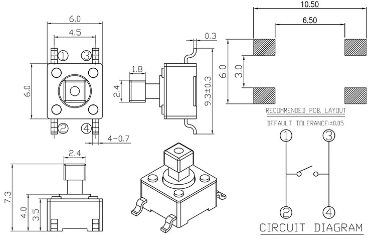 50pcs Momentary Tactile Push Button Click Switch 6X6mm H=4.3/4.5/5/6/7/8/9/10/13mm~25mm 4Pin SMT PCB Mounting