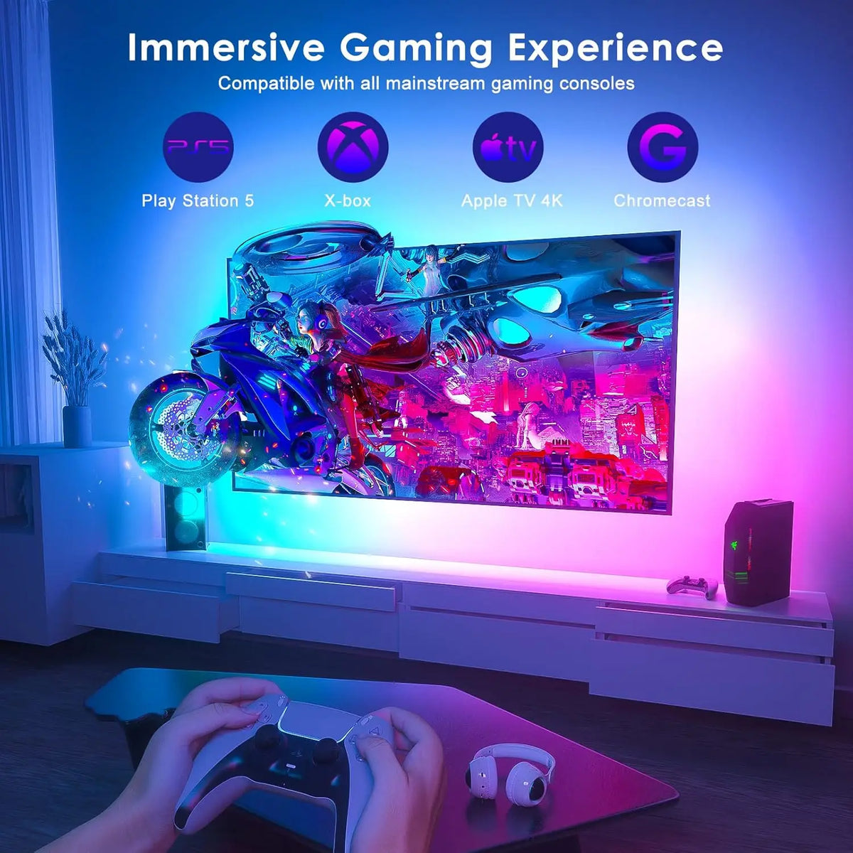 WACUAAO LED HDMI Sync TV Backlight for PS5/Apple TV/Fire Stick, Immersive Gaming Light Strip, Works with External TV Boxes ONLY