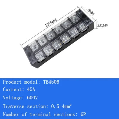 TB15A 25A 45A Copper Wiring Terminal Block 3/4/5/6/8/10/12 Position Electrical Connector Board Current Terminal Strip