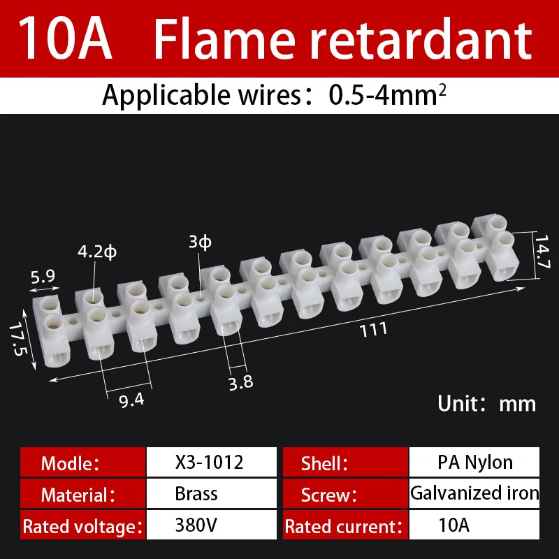12 Position Barrier Screw X3-1012 Nylon Plastic Terminal Block 20A Transparent White Copper 380V Wire Connector Dual Row