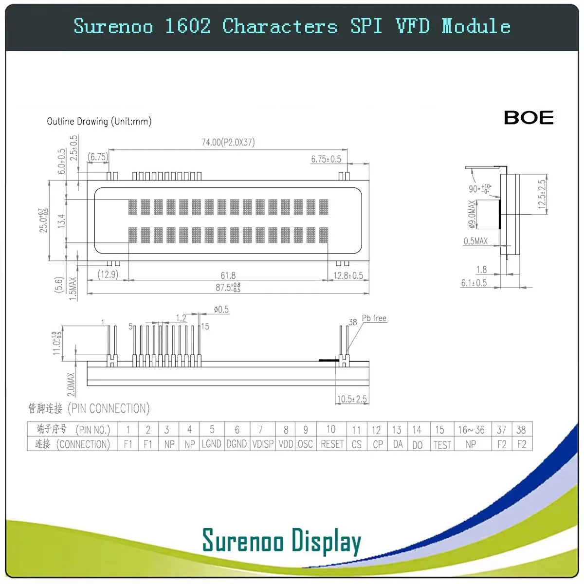 Surenoo 7P Serial SPI 1602 162 16X2 VFD LCD Module Display Screen for Arduino STM32 C51 Code