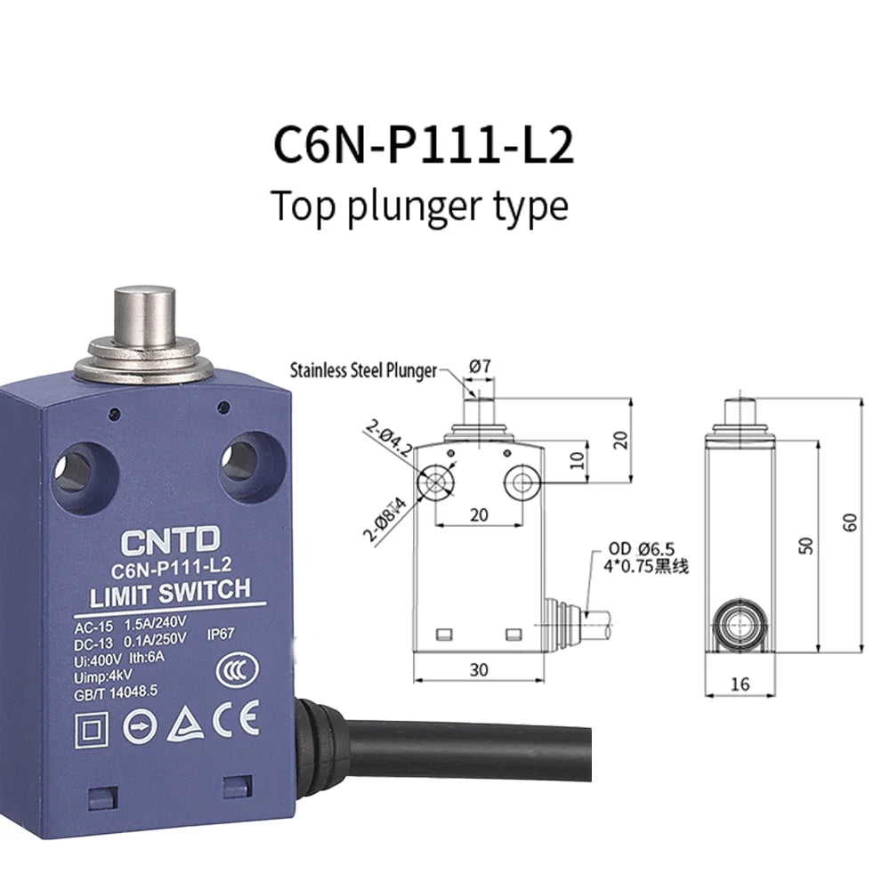 CNTD Micro Limit Switch C6N Series C6N‑101 C6N‑102 C6N‑111 C6N‑121 1NO1NC 10A 250V IP67 Waterproof For Automated Machinery