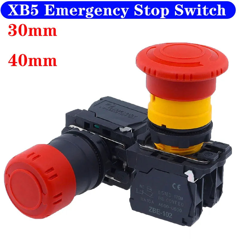 XB5-AS542 Plastic Emergency Stop Red Mushroom Head Size 30 40MM Push Button Switch Lock NO NC Normally Open AS545 22mm XB4 XB5
