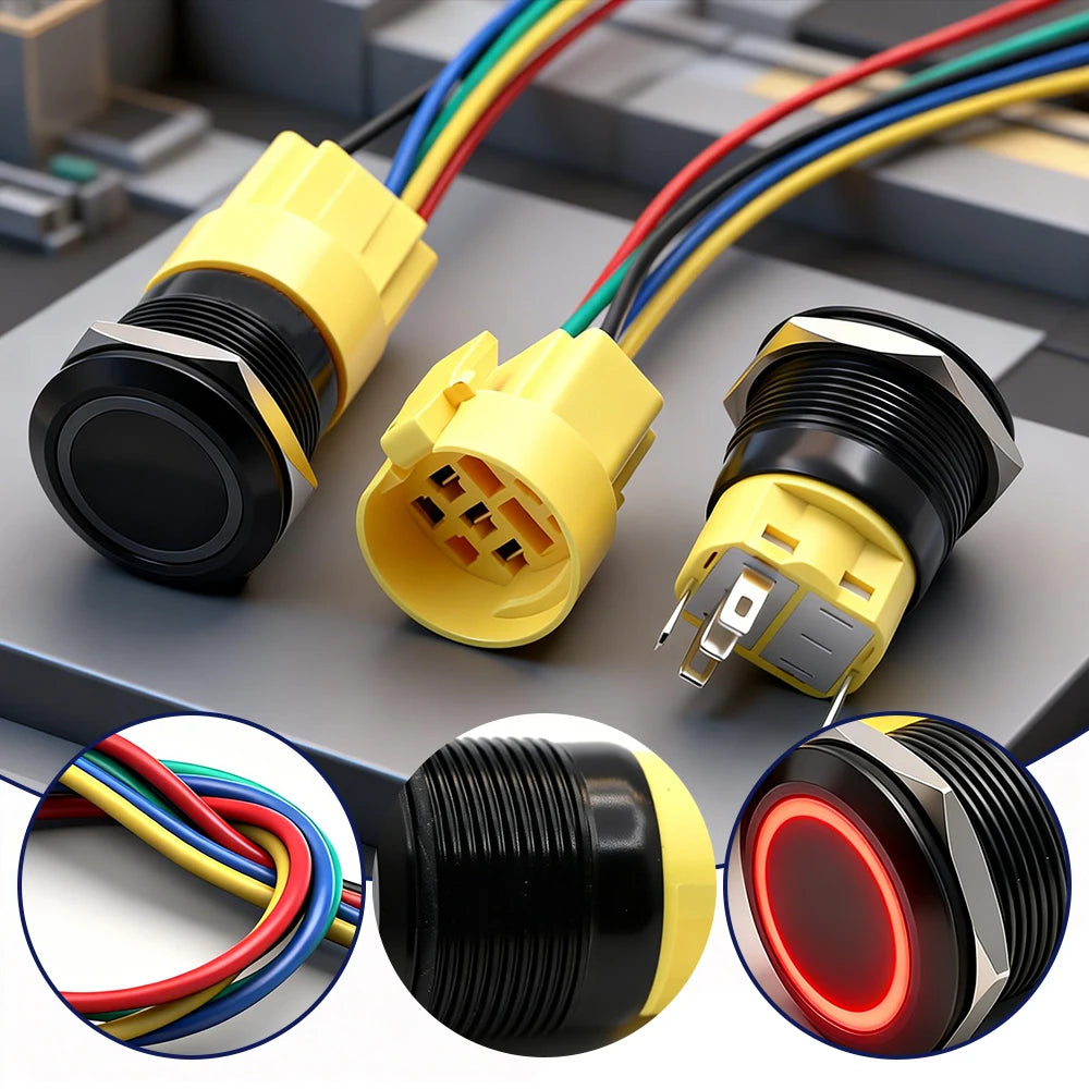 FILN 2PCS 19mm 12V 24V Push Button Switch Ring Button Latching IP65 Waterproof with LED 1NO1NC Pre-Wired Harness 5Amp Marine car