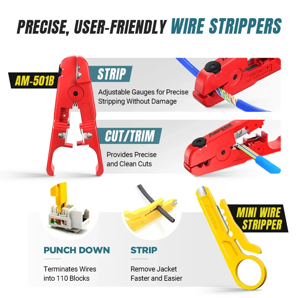 AMPCOM 12 in 1 Network Tool Kit, Professional Portable Ethernet Computer Maintenance LAN Cable Tester Crimper Cutter Repair Se