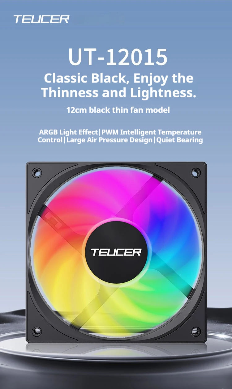 TEUCER UT-12015 120mm ARGB FDB Bearing Slim Cooling Fan High-Performance PC Case Fan for CPU Cooling and PC Builds