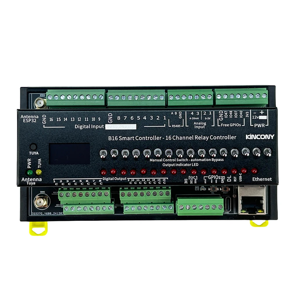 Kincony B16 ESP32-S3 Smart Controller 16CH Relay Output 7CH 1-Wire GPIOs 4CH ADS1115 Analog Input ESPHome Tasmota Tuya SD Card