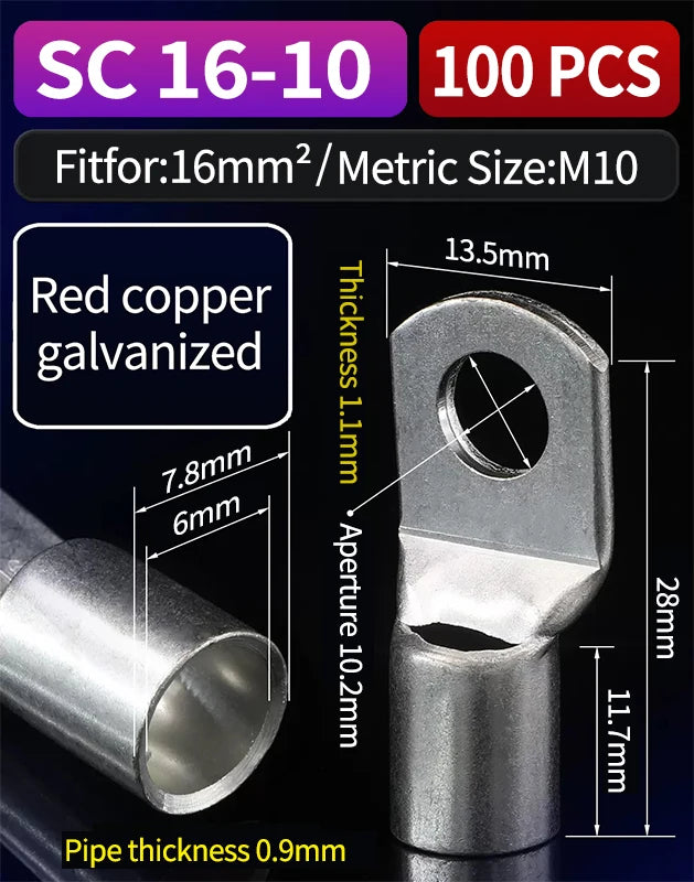 100pcs Copper Lug Ring Wire Connector Cable lug Electric lugs Terminal SC6-5 SC6-6 SC6-8 SC10-6 SC10-8 SC16-6 SC16-8 SC25-6