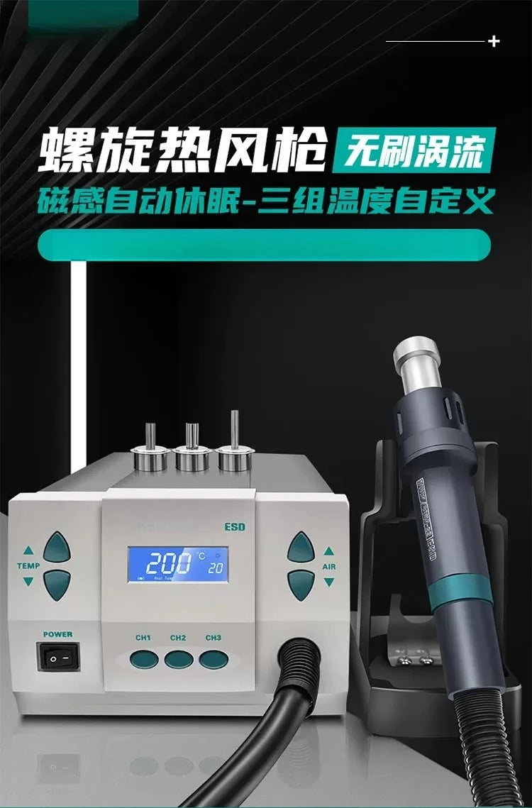 861DW Hot Air Rework Station 1000W, Industrial Soldering Gun for PCB Chip Welding, Digital Desoldering Tool with 3 Channels
