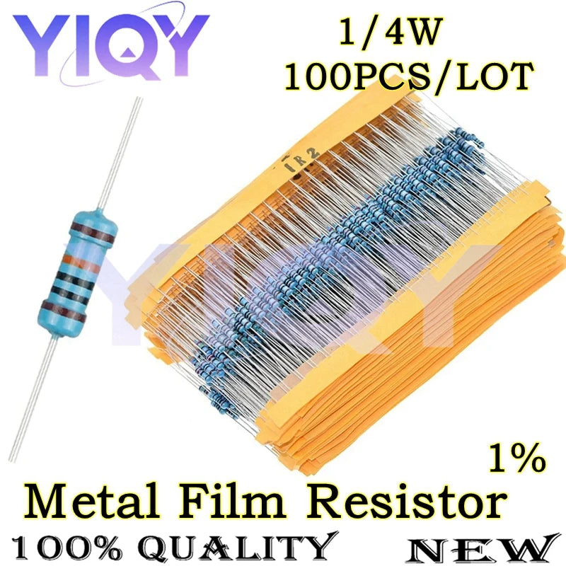 100PCS 1/4W 1% Metal Film Resistor 1 1.2 1.5 10 12 15 11 13 16 20 22 33 47 51 56 68 75 82 91 100 120 150 220 330 R K OhmM 0.125W