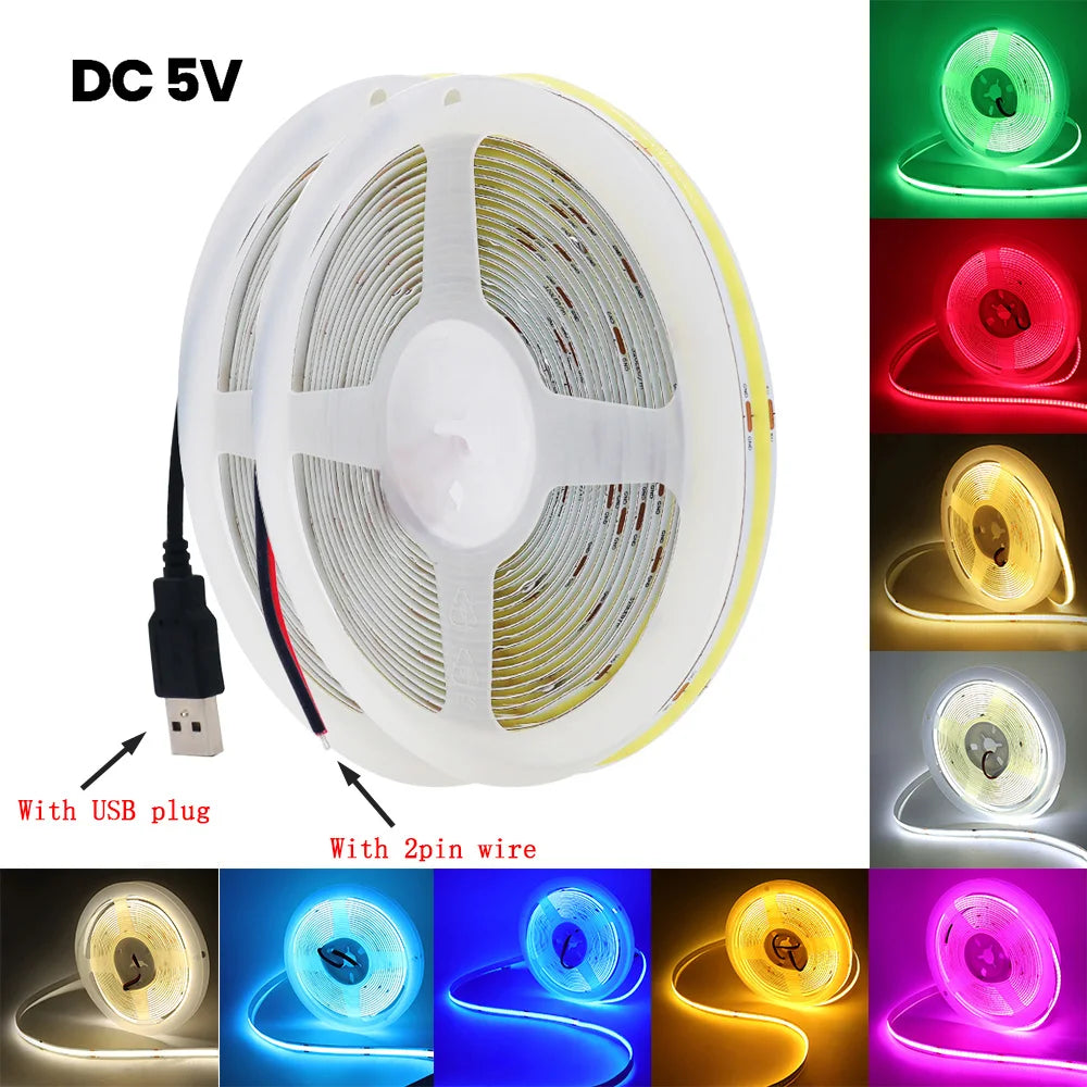 5V USB COB Led Strip Light White/Red/Green/Pink/Ice Blue/Yellow 320 Leds Flexible Ribbon DC Night Lamp TV Backlights Home Decor
