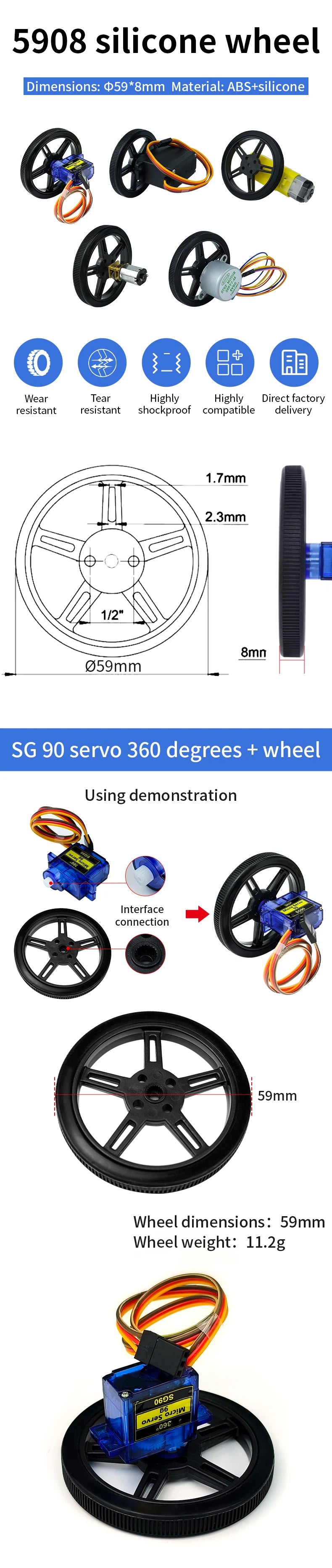 4 PCS 5908 Silicone Tire Wheel Compatible Robot Smart Car N20 TT Motor With 360-degree SG90 MG996R Servo For Arduino Project