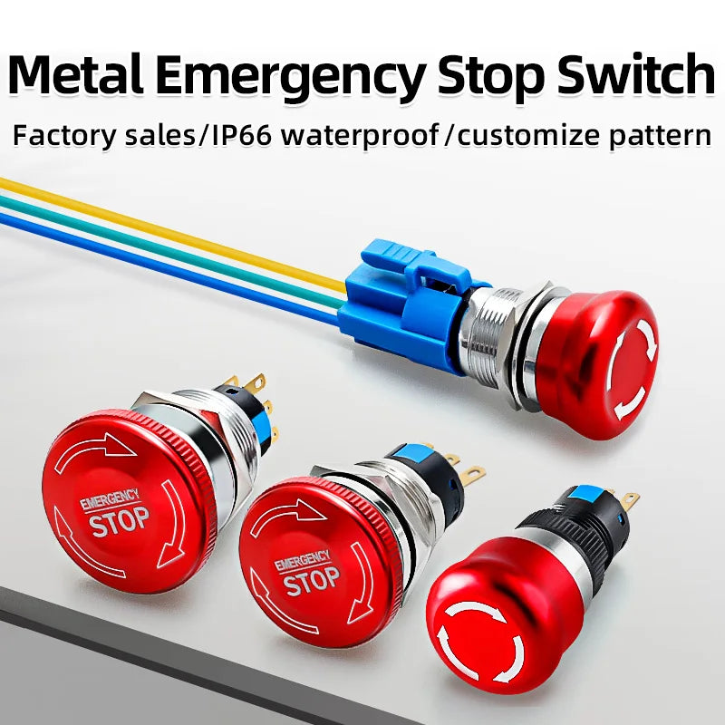 Metal Emergency Stop Button Switch 16/19/22mm Mushroom head Waterproof Stainless steel  Press Rotary Power off STOP 1NO1NC2NO2NC