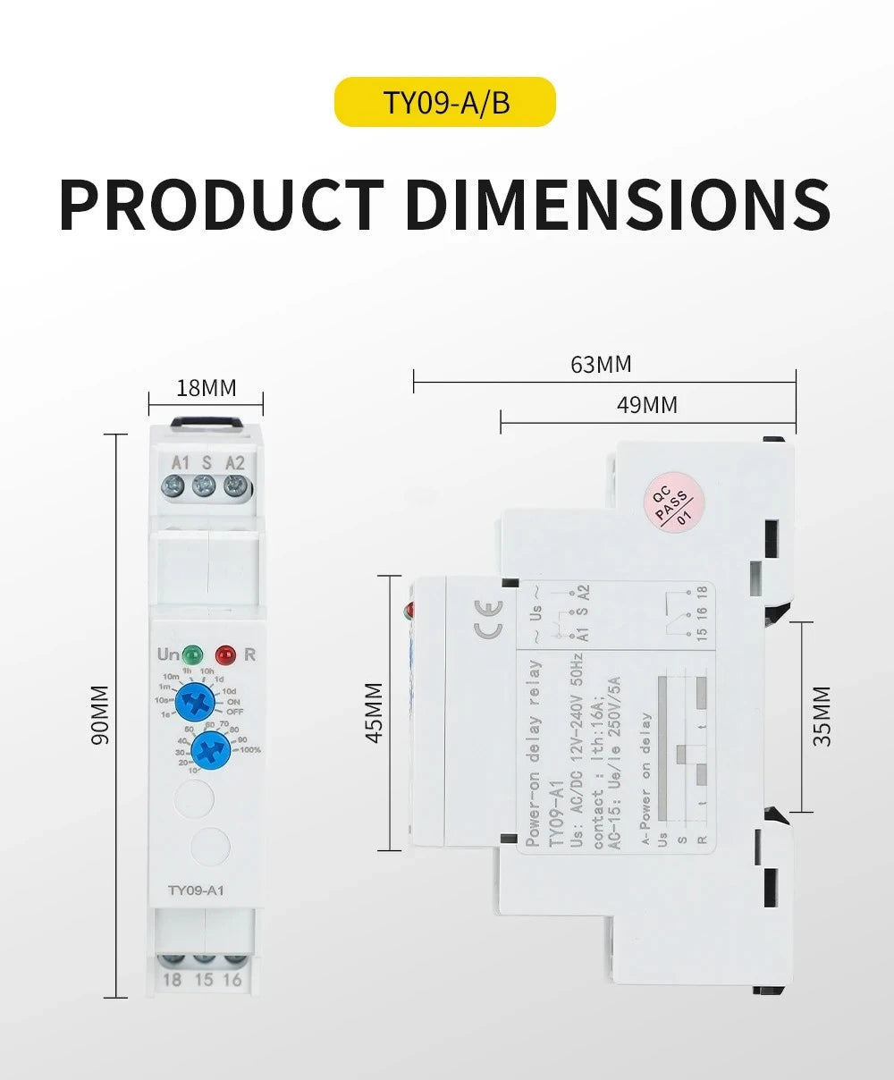 Din Rail Time Relay A Power-On Delay B Delay Disconnection AC/DC 12V-240V 16A 0.1S~10 Days Power-on delay automatic switch