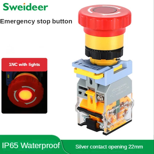 Emergency Stop Push Button Switch with Light 22mm Button Mushroom Head Self Locking Latching Power Switch Knob Switch Red AC220V