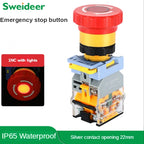 Emergency Stop Push Button Switch with Light 22mm Button Mushroom Head Self Locking Latching Power Switch Knob Switch Red AC220V