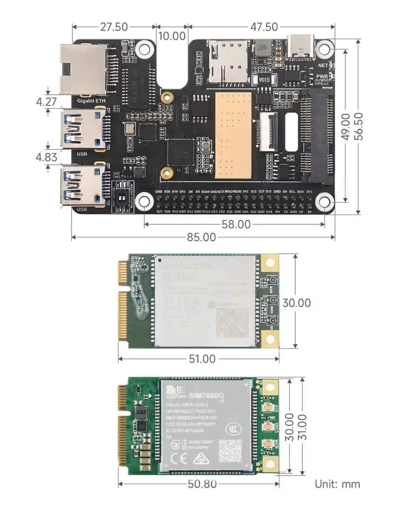 Raspberry Pi 5 PCIe to MiniPCIe 4G Gigabit Ethernet RJ45 USB HUB HAT With LTE Module SIM7600E SIM7600SA-H SIM7600G EC25-AUX EG25