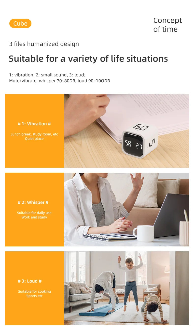 Adjustable Cube Timer - 5/10/30/60 Minute Countdowns, Settings - Pause, Resume, Silent, Vibrate & Sound Alarm for Work, Study