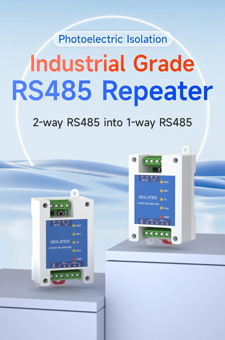 Industrial 2way Cache Type RS485 to 1way RS485 Hub DC 8~28V Optical Isolation Multi to one Hub CDEBYTE E810-R21 ESD Protection