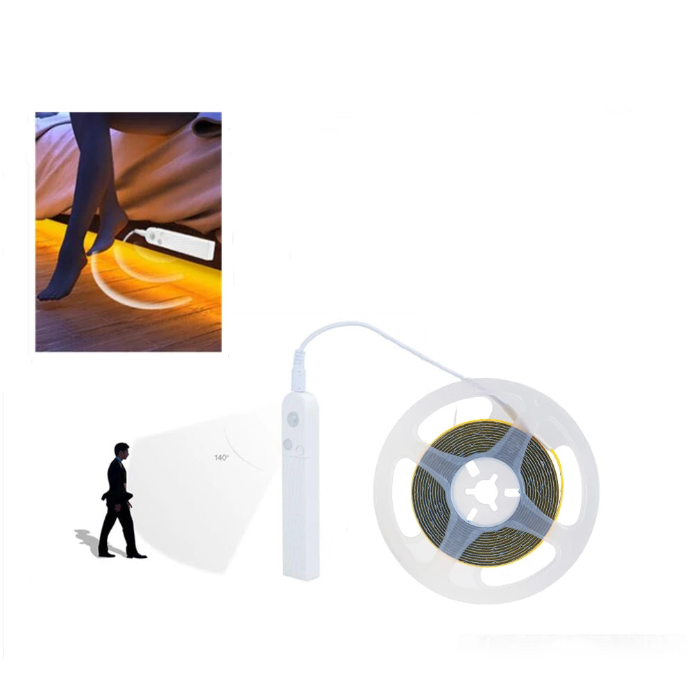 5V Motion Sensor Nigth Light COB Led Strip USB Battery Power 3mm 5mm 8mm PCB 320 LEDs Flex Lamp for Under Cabinet Kitchen Stairs
