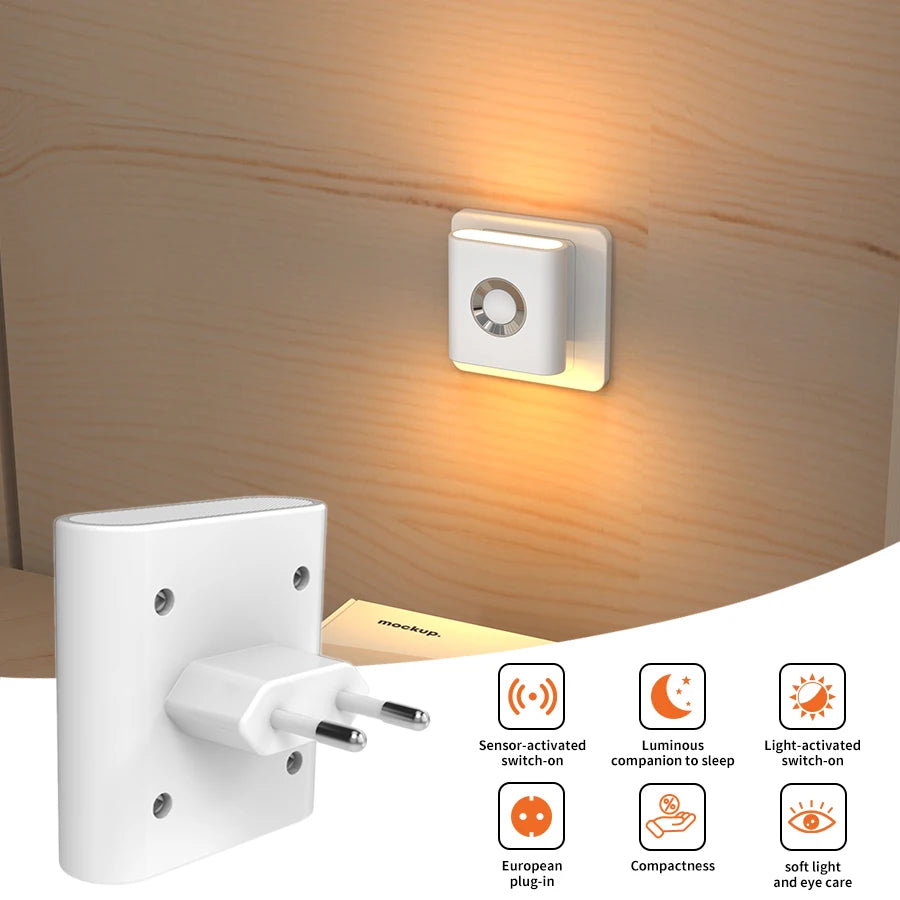 220V Led Night Light with EU Socket Motion Sensor Plug into Wall Lamp Warm White Ambient Light for Toilet Staircase Bedroom