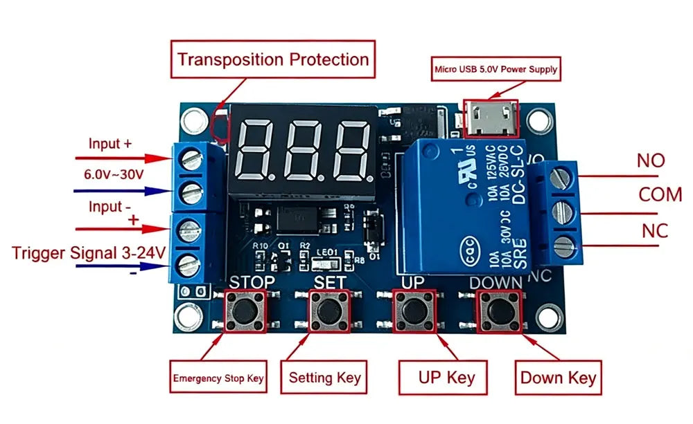 DC 6-30V Timer Relay Programmable Delay Relay Module Cycle Timer with LED Display 6V 9V 12V 24V Micro USB Smart Home Controller