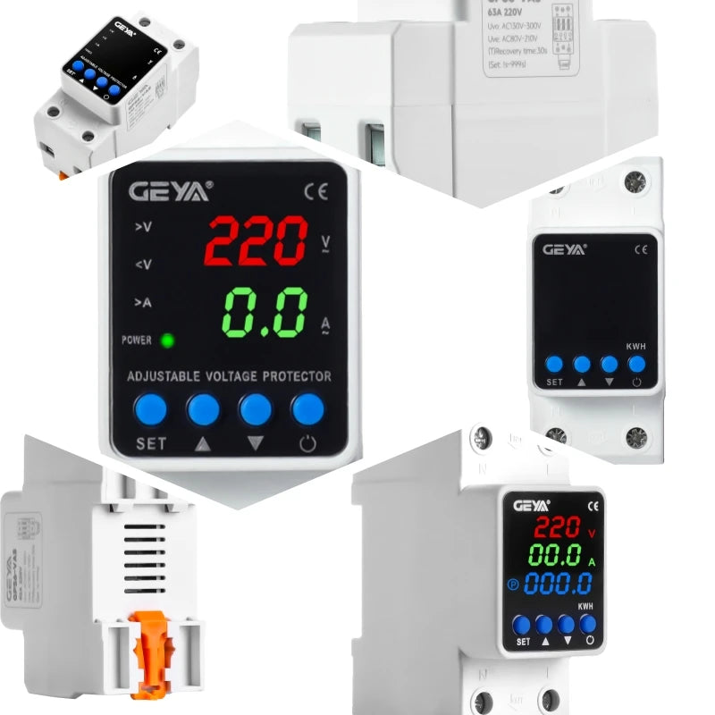 GEYA Din Rail Adjustable Over Voltage Under Voltage Protection Device 40A 63A 80A 220VAC Digital Display Voltage Protector