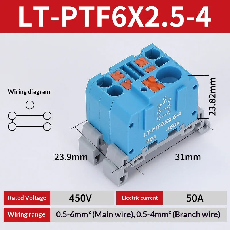 Push-in Terminal Block PTF6X2.5mm One in Multiple Out Splitter Spliceable Wire Connectors DIN Rail Junction Box Electrical Joint