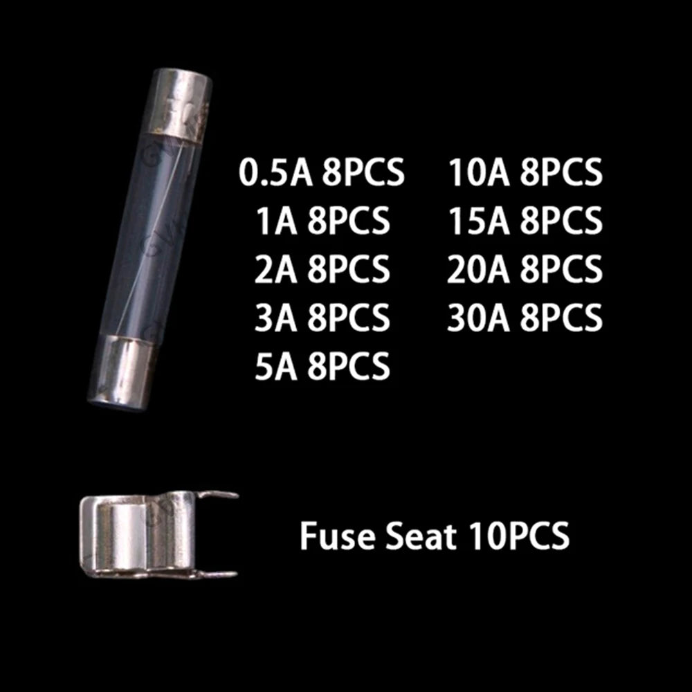 72PCS 6*30MM 0.5A-30A Glass Fuse Tubes 250V Box 0.5A 1A 2A 3A 5A 10A 15A 20A 30A 6X30