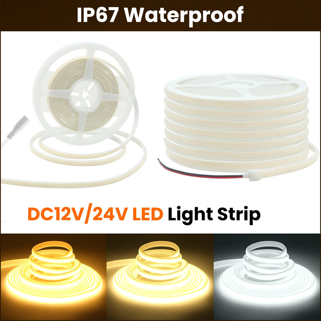 DC12V 24V COB Strip With 2PIN /DC Cable IP67 Waterproof Outdoor Home Decor Flexible Ribbon Rope LED Neon Light 3000K 4000K 6000K