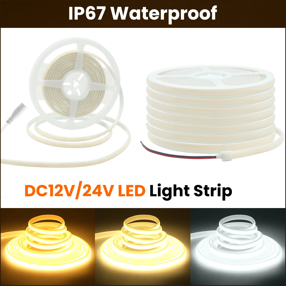 DC12V 24V COB Strip With 2PIN /DC Cable IP67 Waterproof Outdoor Home Decor Flexible Ribbon Rope LED Neon Light 3000K 4000K 6000K