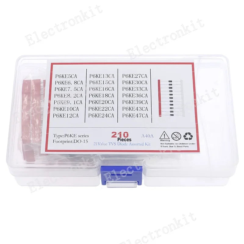 210Pcs 21Value One Two Way TVS Diode Assort Kit P6ke6.8A 8.2A 9.1A 10A 12A 13A 15A 16A 20A 22A 24A 27A 30A 33A 36A 39A 43A 47CA
