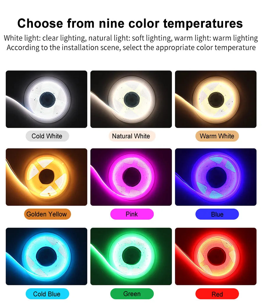COB LED Strip Light 12V 24V 3mm 5mm 8mm 10mm PCB LED Strip Ice Blue/Green/Red/Yellow/2700K/3000K/4000K/6000K COB LED Tape Decor
