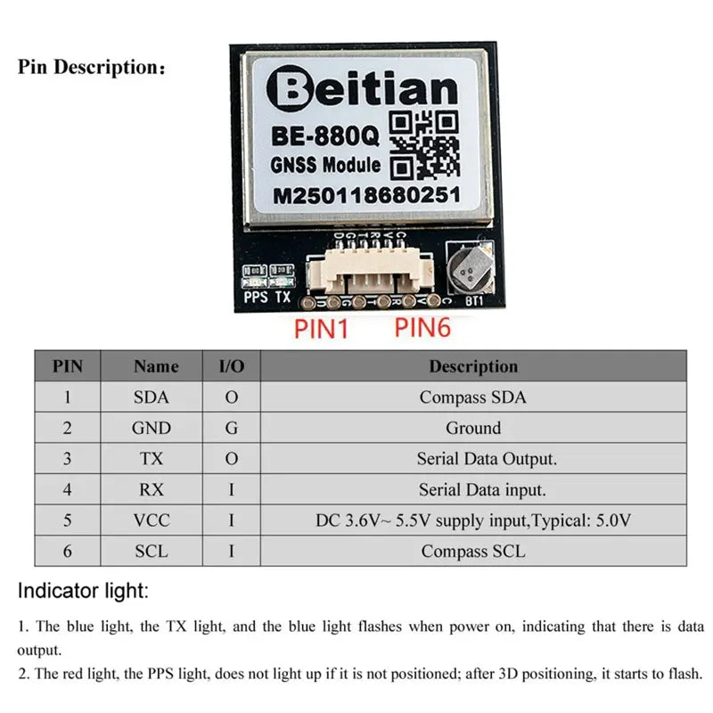BE-880Q GNSS GPS Module M10050 Chip QMC5883 Compass Ultra Low Power 28x28x8.4mm for RC Drone FPV Flight Controller DIY Project