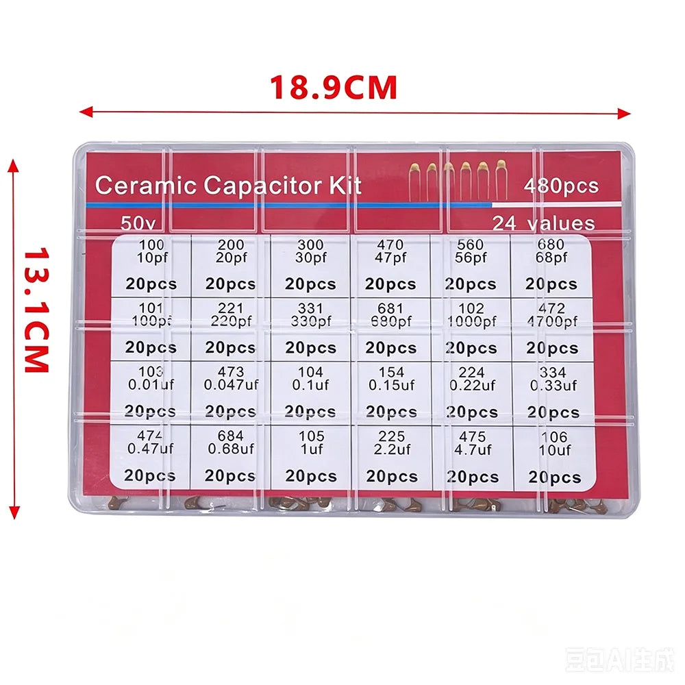 480pcs Ceramic Capacitor Assortment Kit for Guitar 0.1uf to 10uf Range 24 Values Durable Guitar Parts And Accessories