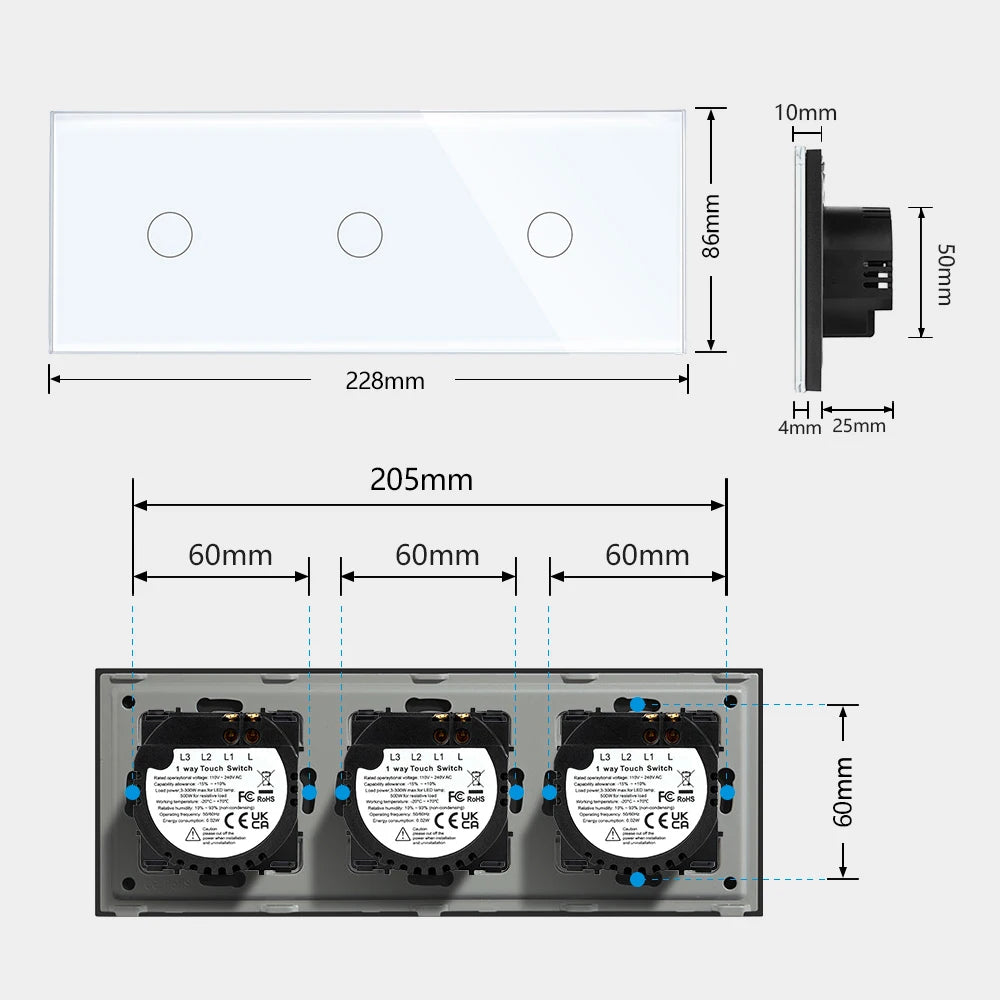 TAWOIA EU Triple 1/2/3/4 Gang 1/2 Way Wall Touch Light Switch 228mm Waterproof Backlight Sensor On/Off Switches