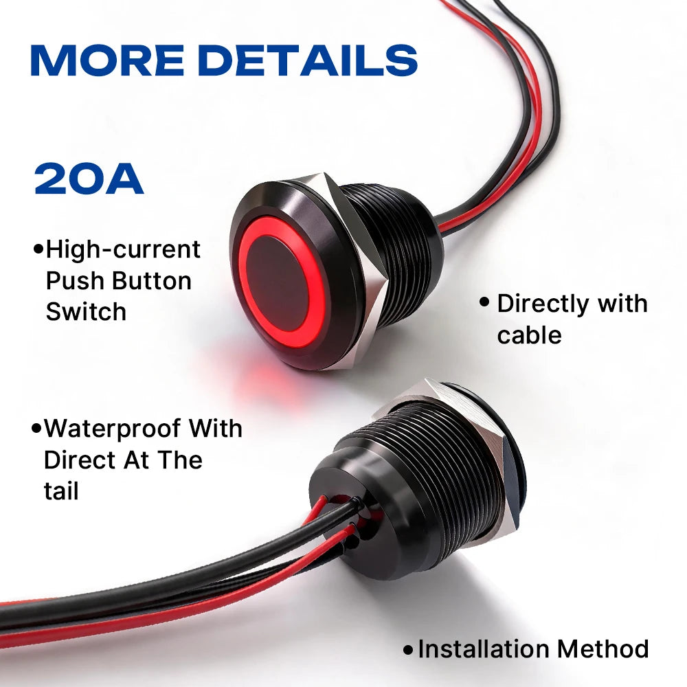 FILN 22mm 20A Waterproof Metal Push Button Switch Ring LED Lighted Pre-Wired High Current Power Switch Lamp for Car Boat Marine