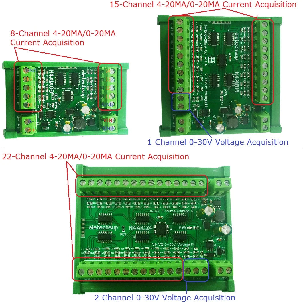 2PCS 8-24CH 4-20MA To RS485 Current Analog Input Collector Module MODBUS RTU Board For PT100 K Thermocouple Pressure Sensor